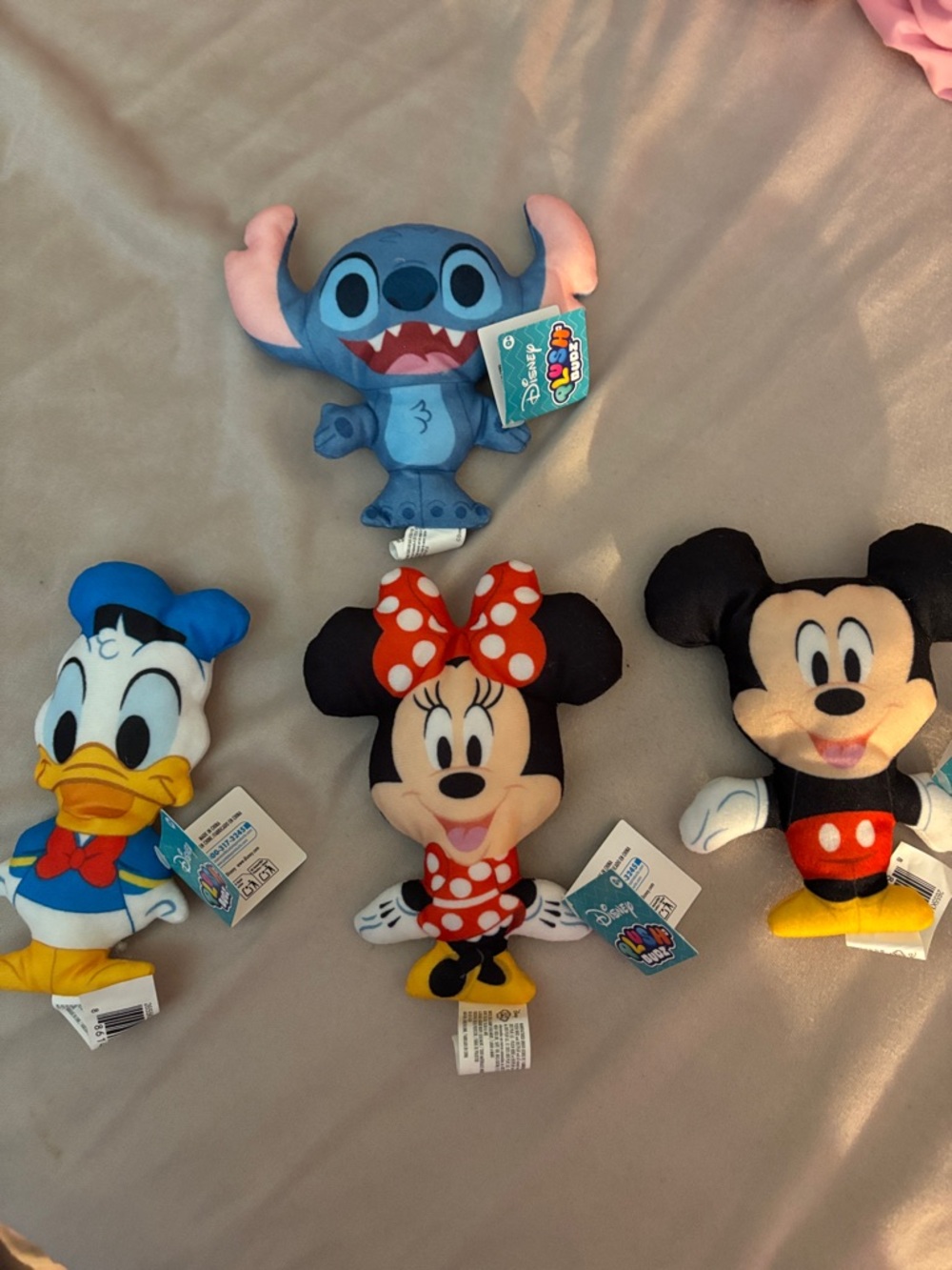 Disney Plush Set - Blue Stitch with Pink Ears, Donald, Minnie (Red Bow), Mickey